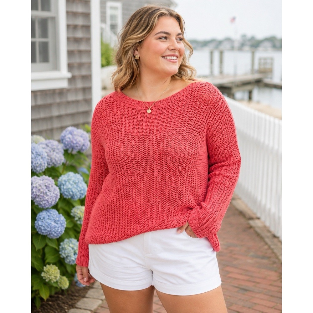 Lauren Ralph Lauren LRL Coral Open Knit 100% Cotton Sweater Boat Neck XL